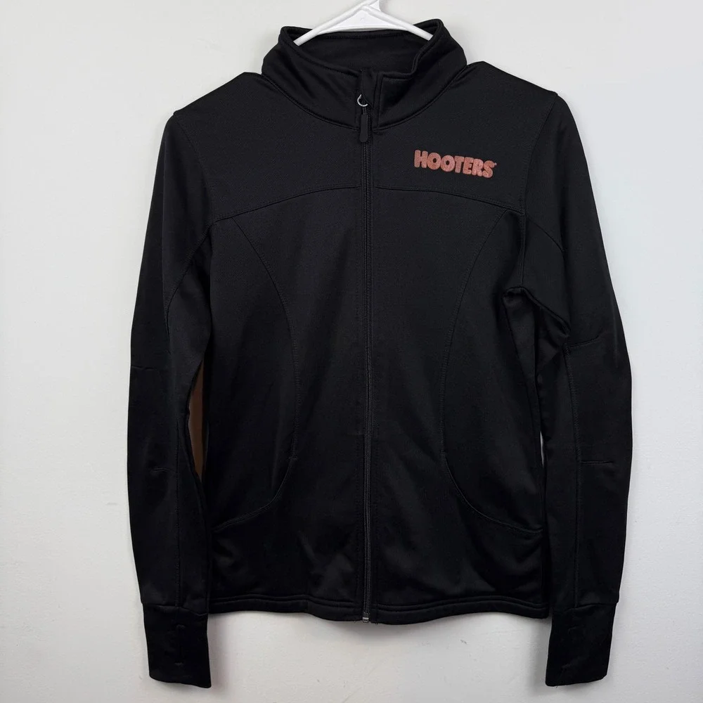 Hooters Jacket Womens XS Black Owl Logo Full Zip Thumb Holes Mock Neck Employee - Picture 2 of 11